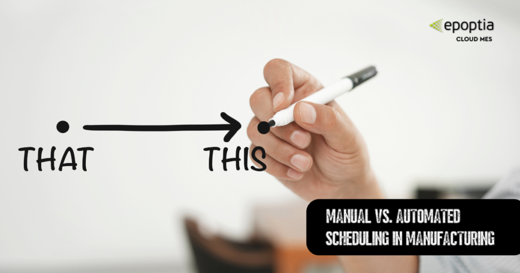 A hand drawing a line that goes for ''This'' to ''That'' and a title about scheduling in manufacturing